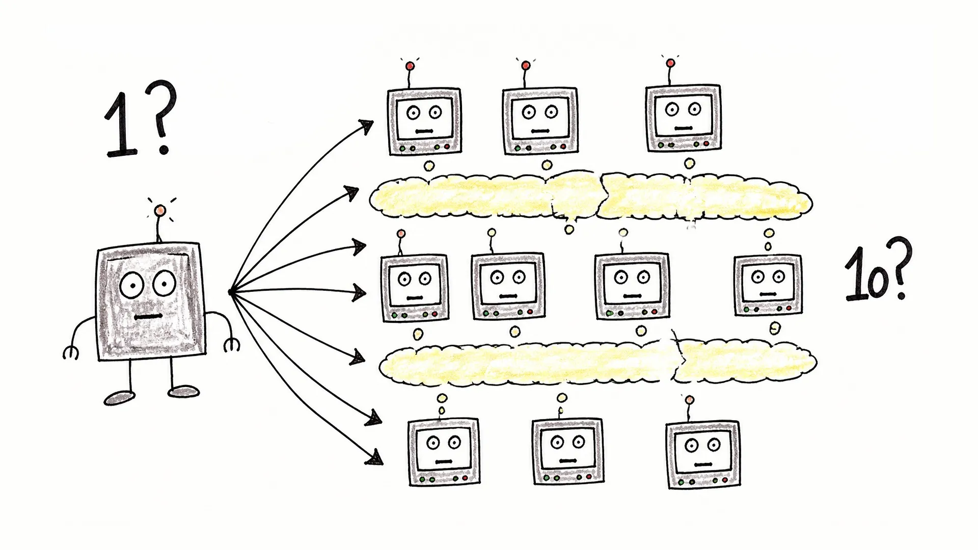 One AI is copied into ten similar machines connected by shared yellow memory clouds