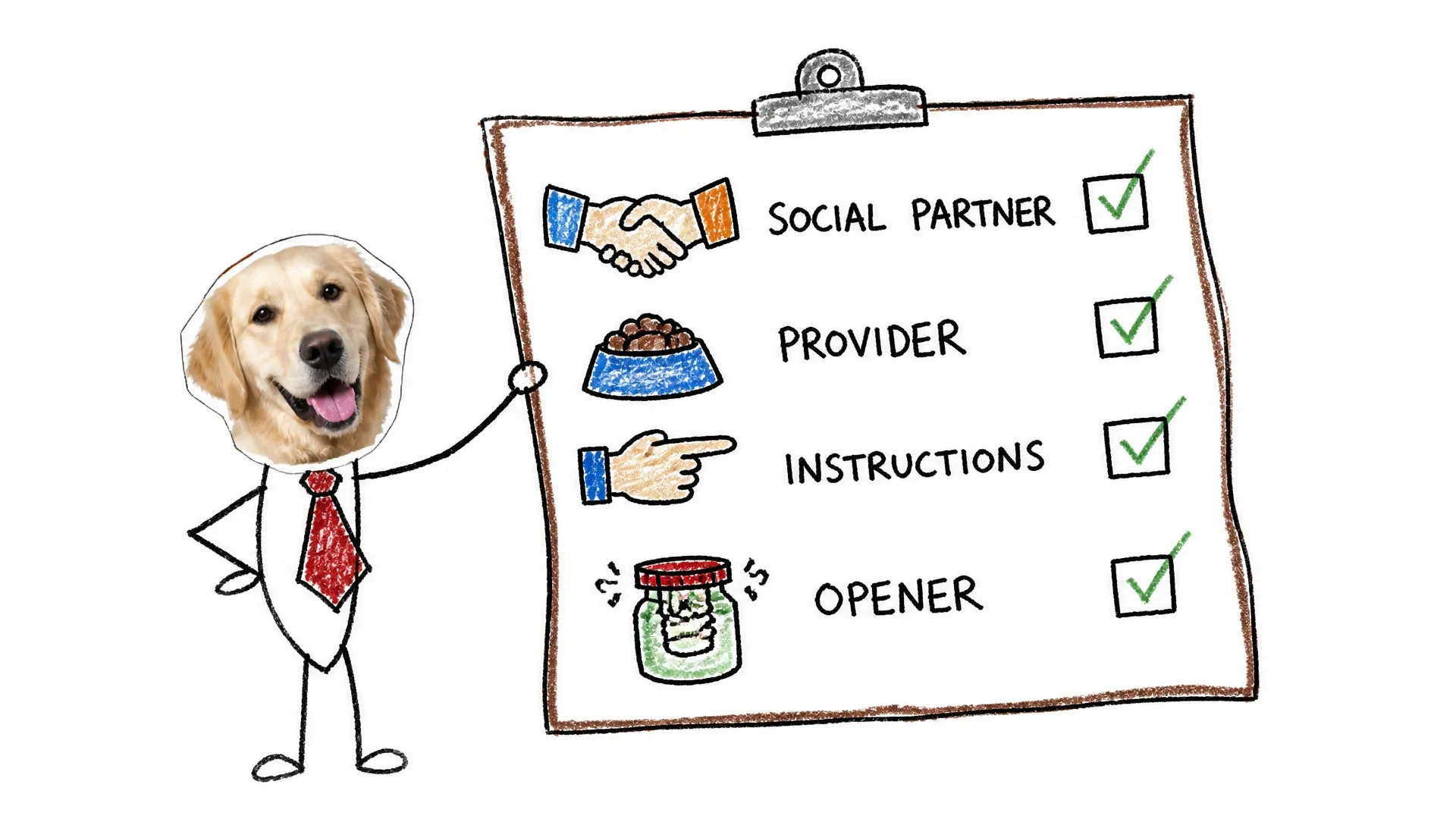 A dog checks a list naming a human as partner, provider, instructor, and opener