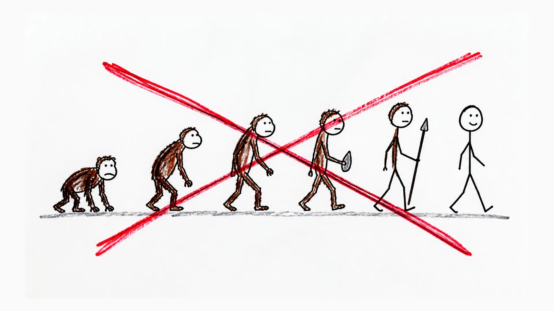 A crossed-out march from ape to modern human shows that evolution is not a straight ladder