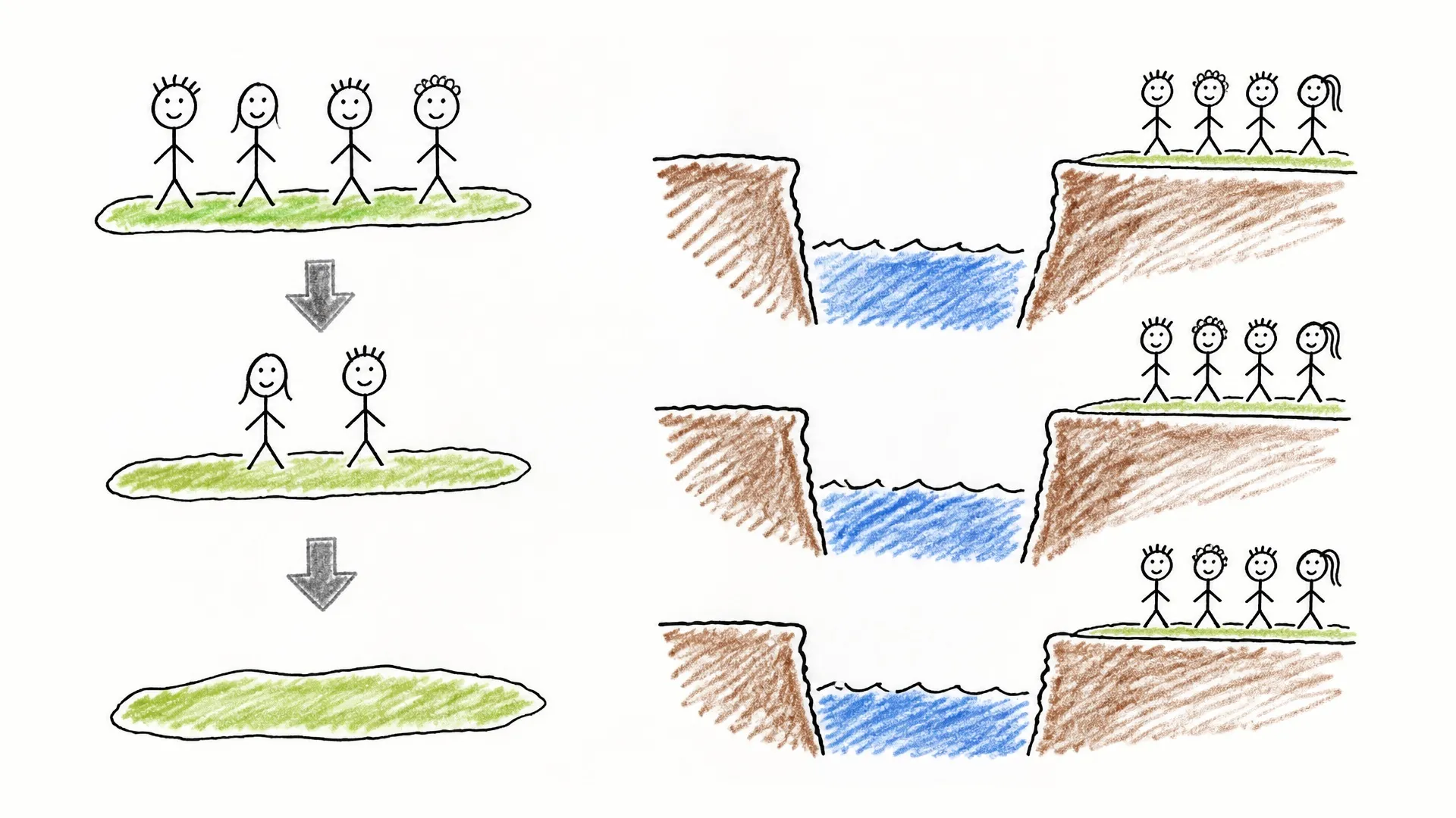 A small isolated human group dwindles while a larger group remains connected across a gap