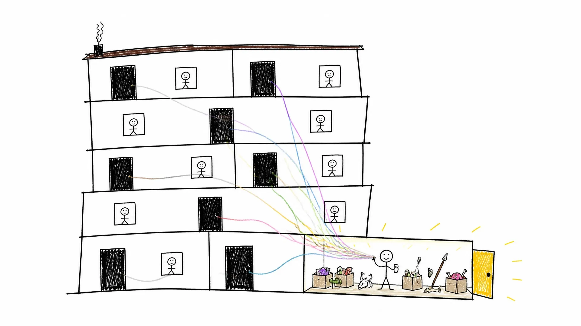 Colored lines from closed apartment doors converge on the last occupied room and its boxes of inherited objects