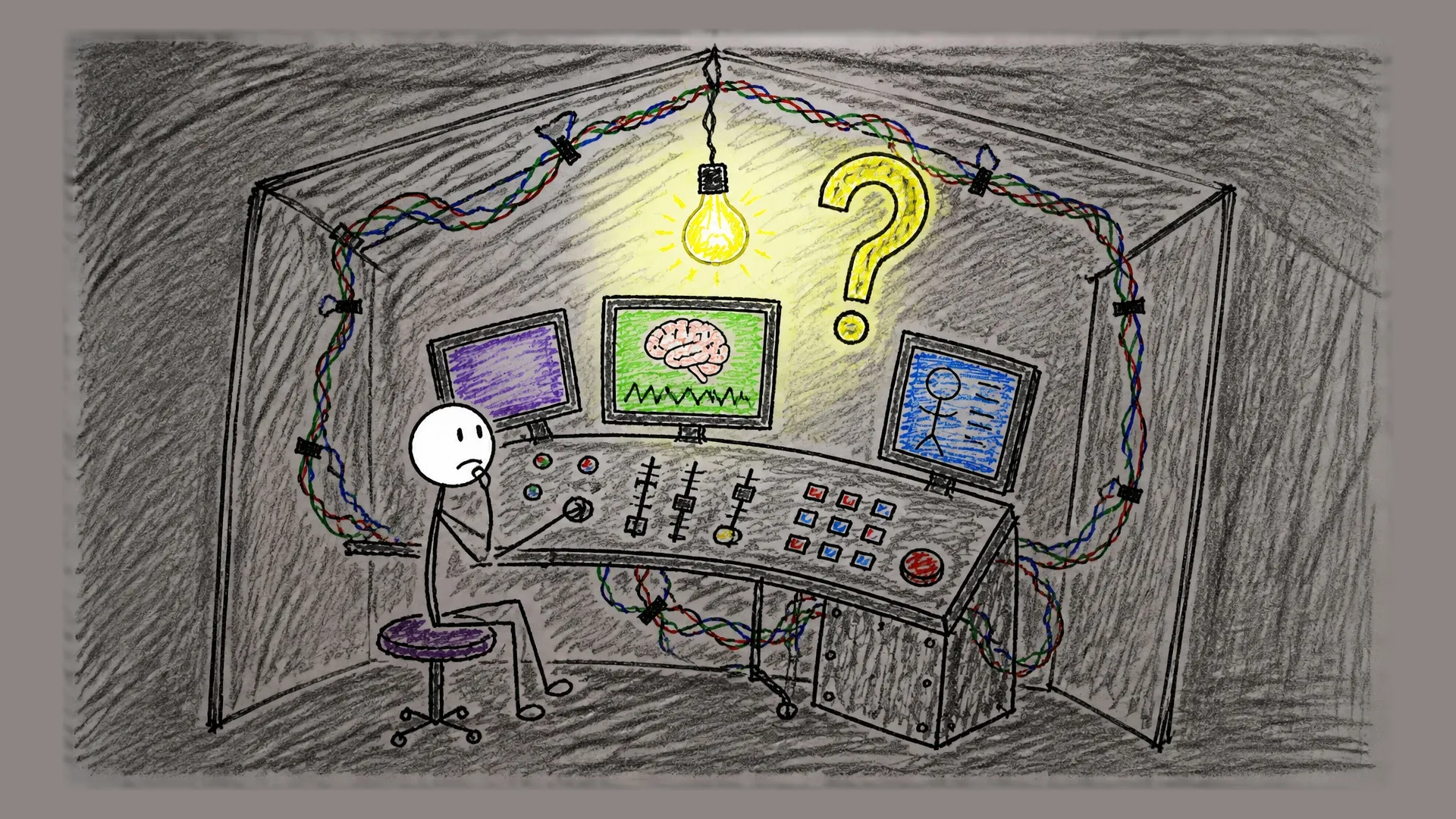 A dark control room with brain monitors and a single lit bulb