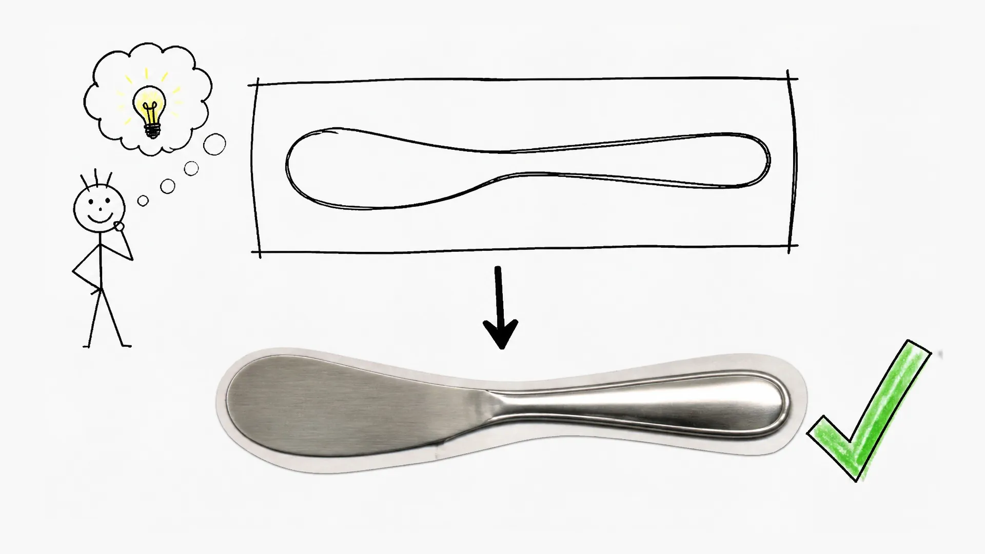 A stick figure imagines the outline of a utensil above a butter knife marked with a green check