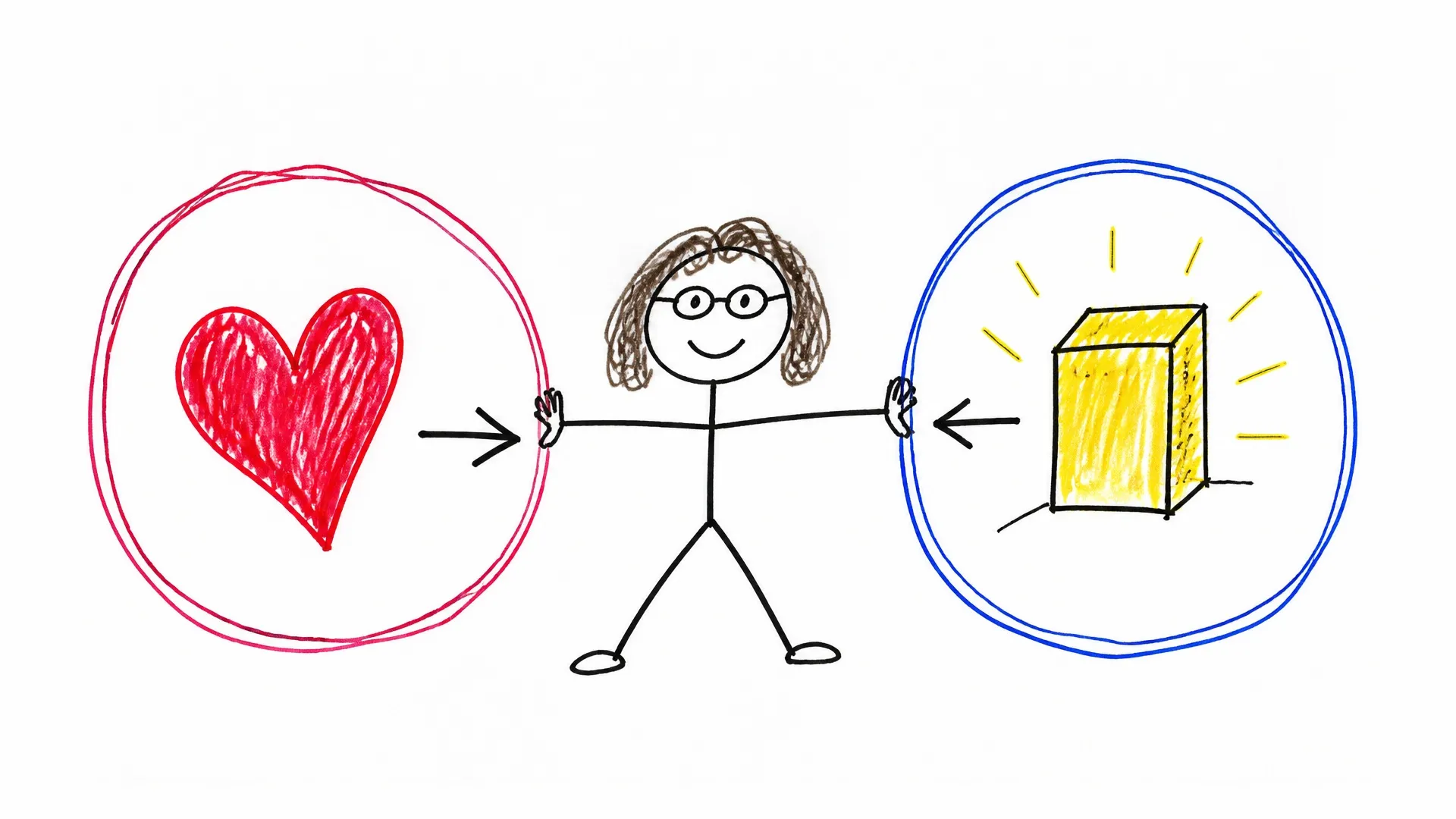 A smiling stick figure stands between a red circle containing a heart and a blue circle containing balanced scales