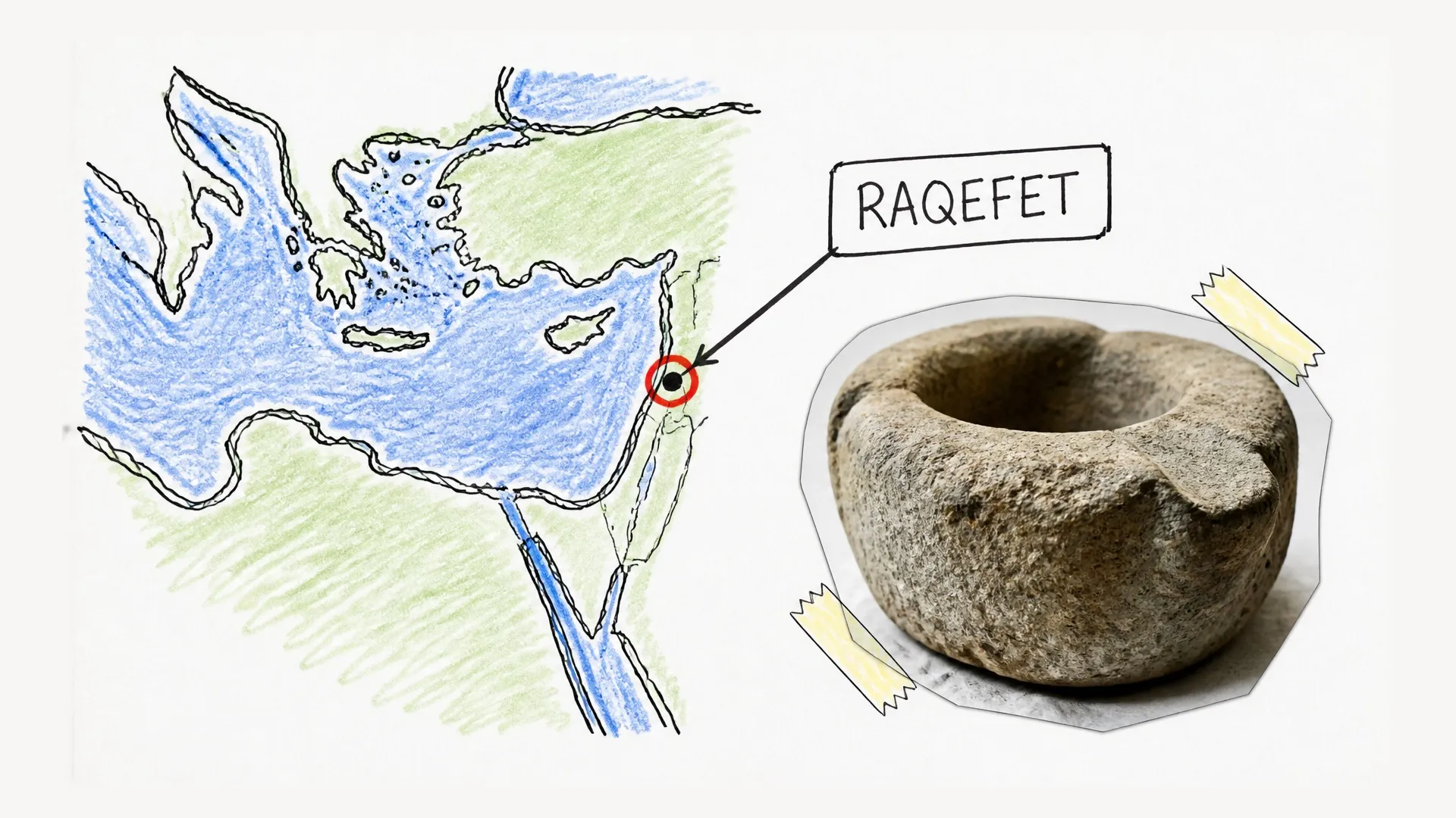 A map marks Raqefet Cave beside a photographed stone mortar