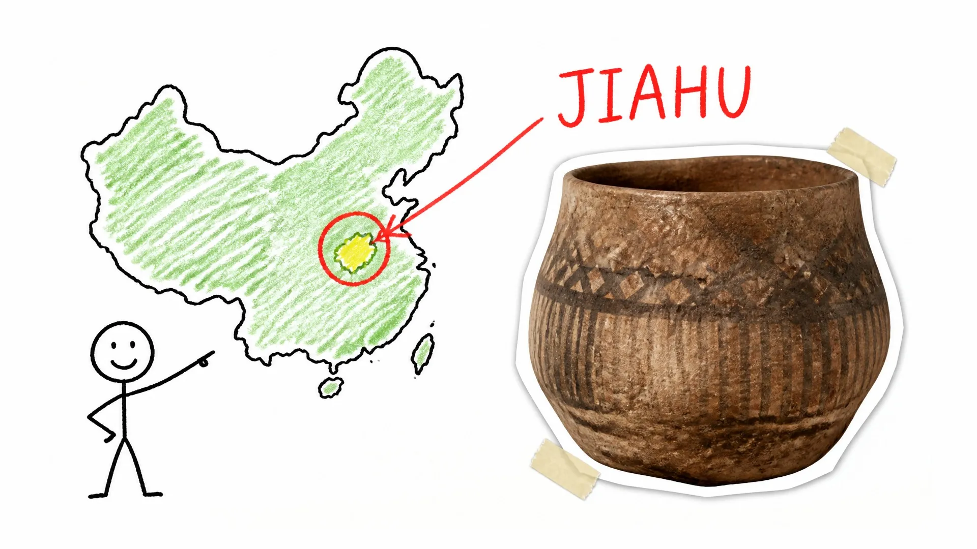 A map of China marks Jiahu beside a photographed pottery vessel