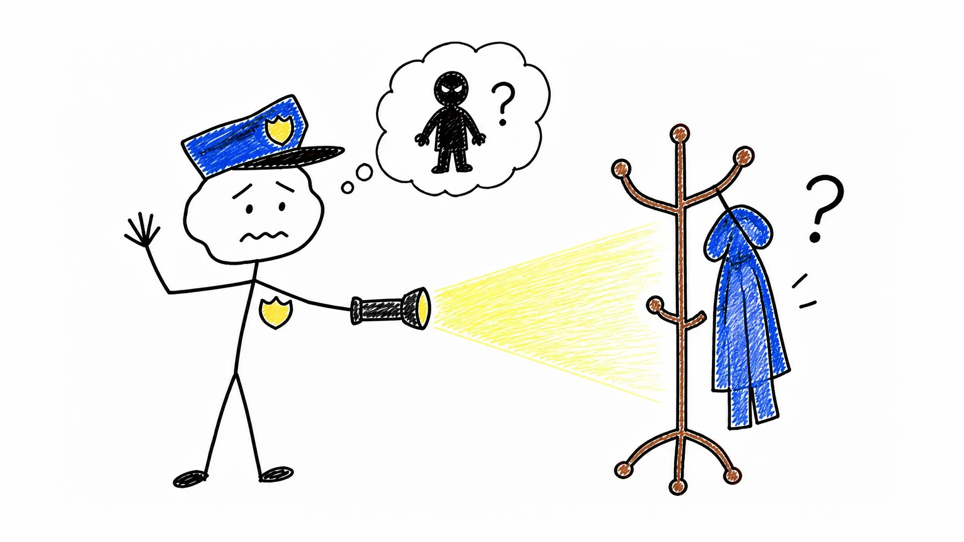 A vigilant guard mistakes a coat rack for a possible intruder in a dark room