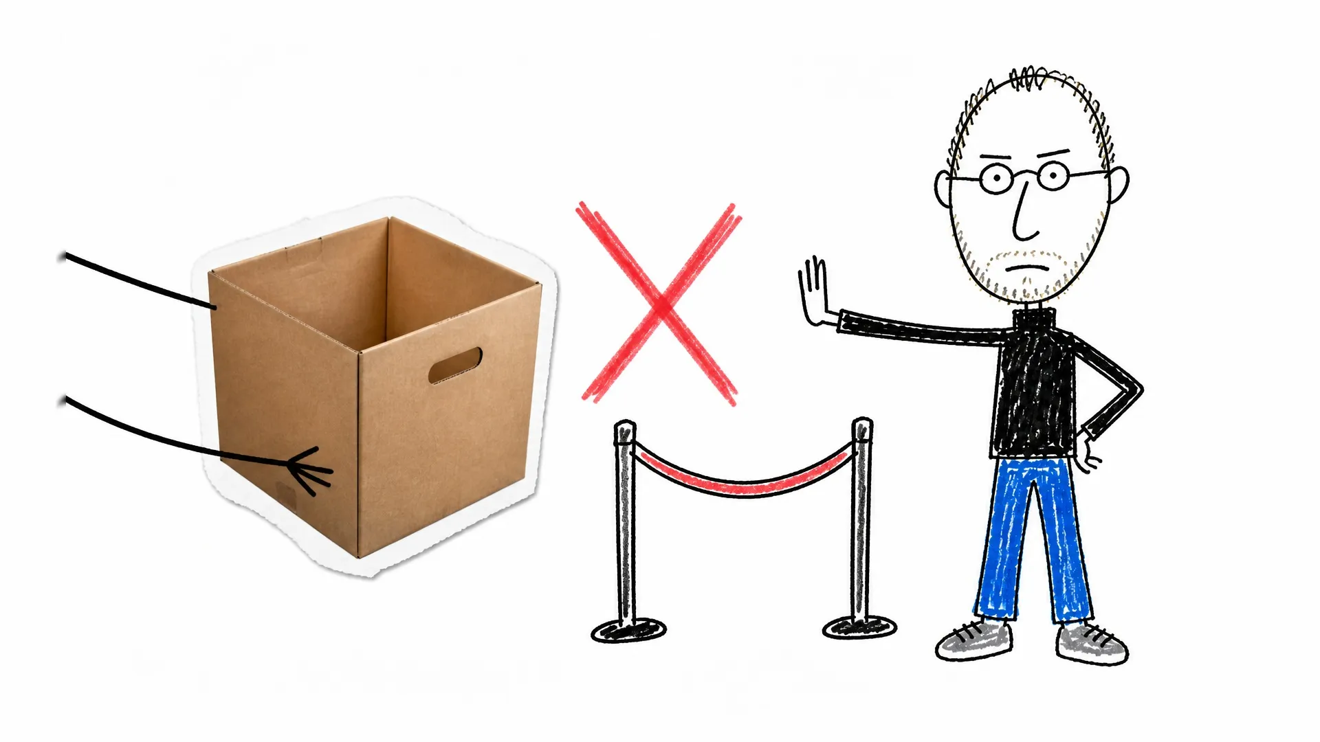 Steve Jobs blocks an empty cardboard box behind a velvet rope