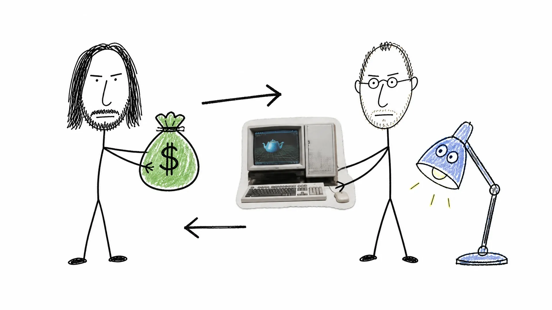 Steve Jobs exchanges money for a computer while Pixar's lamp stands nearby