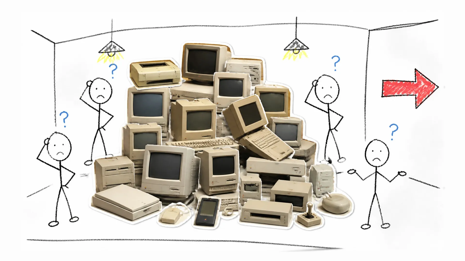 A confused Apple team stands beside a crowded pile of mismatched computers