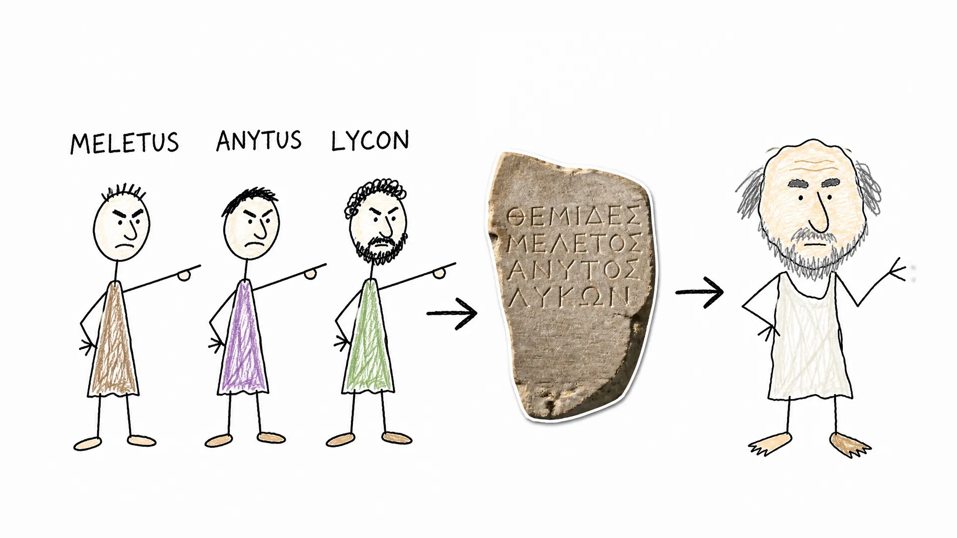 Meletus, Anytus, and Lycon point from an inscribed accusation toward Socrates