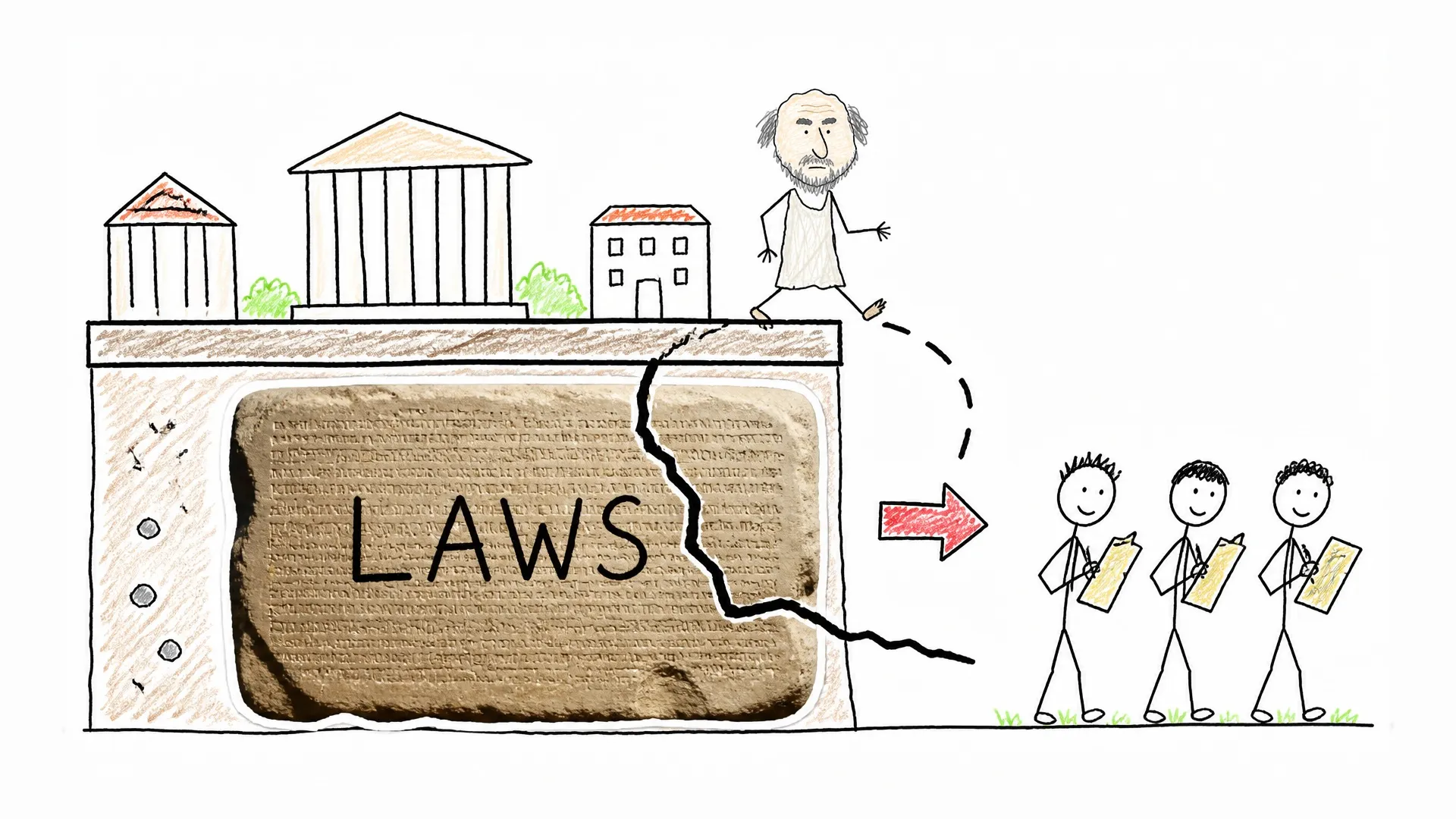 Socrates walks from cracked stone laws toward three citizens holding documents