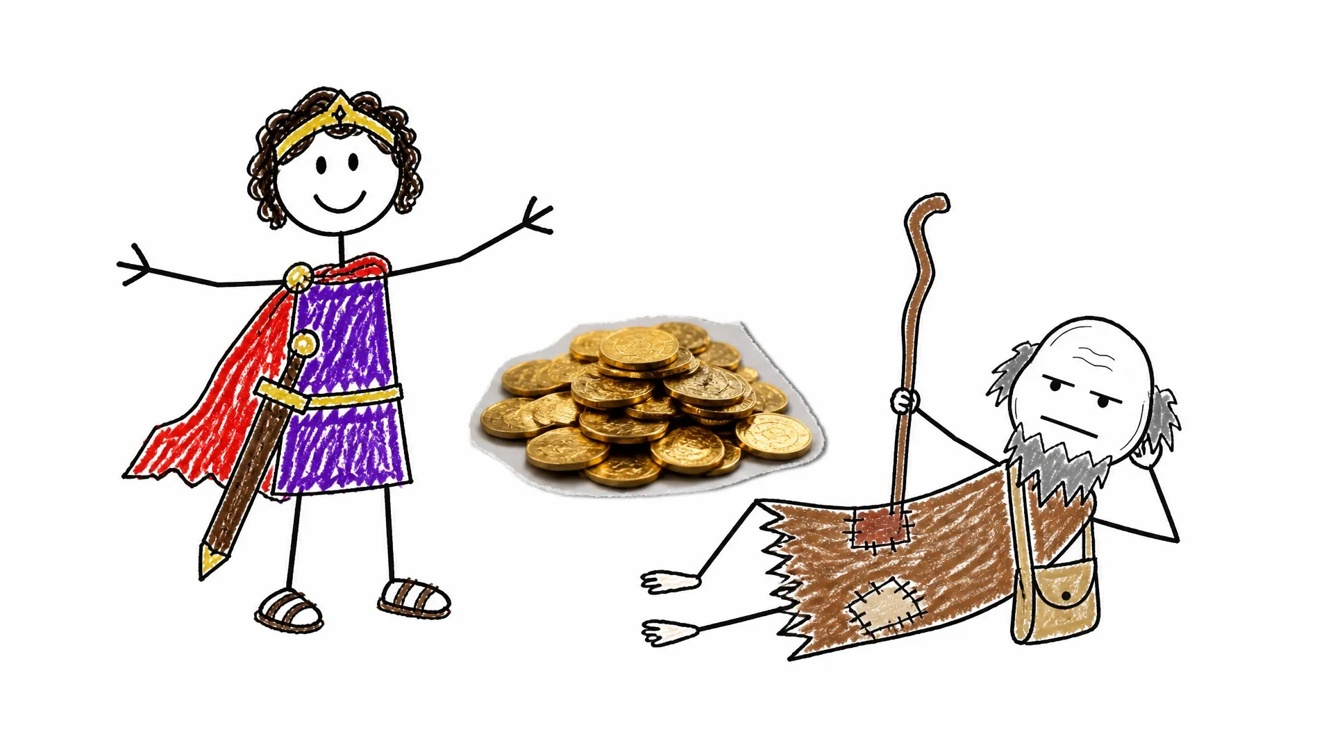 Alexander stands beside coins while Diogenes sits on a rough mat with only a staff and bag