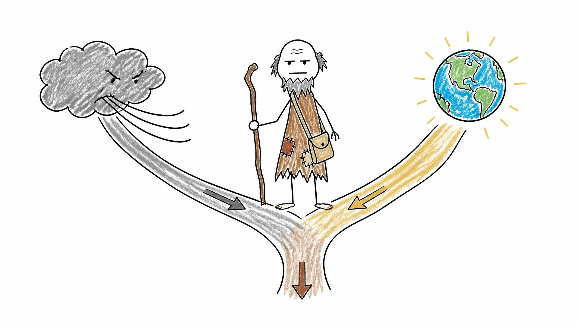 Diogenes stands at a fork between a stormy local road and a bright path toward a globe