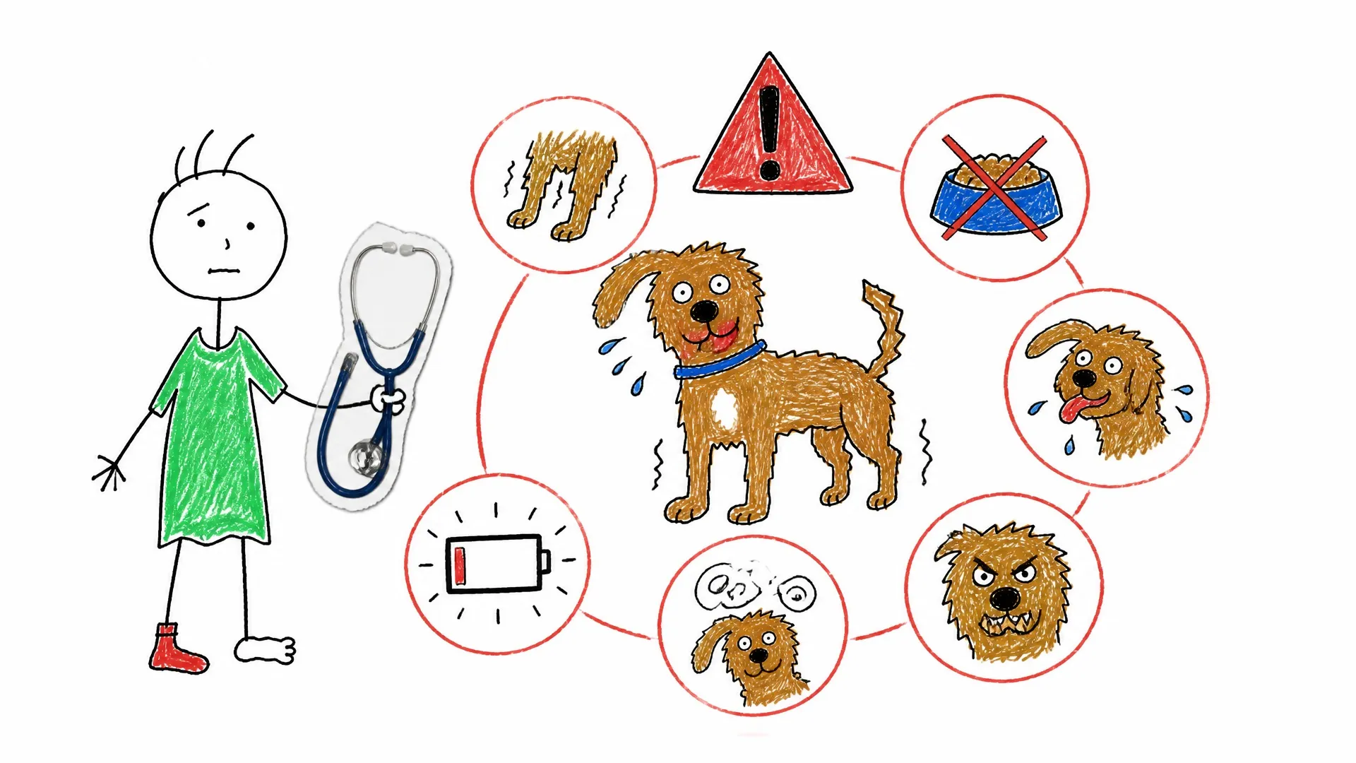 A dog showing stiffness, panting, low appetite, low energy, confusion, and aggression beside a veterinarian