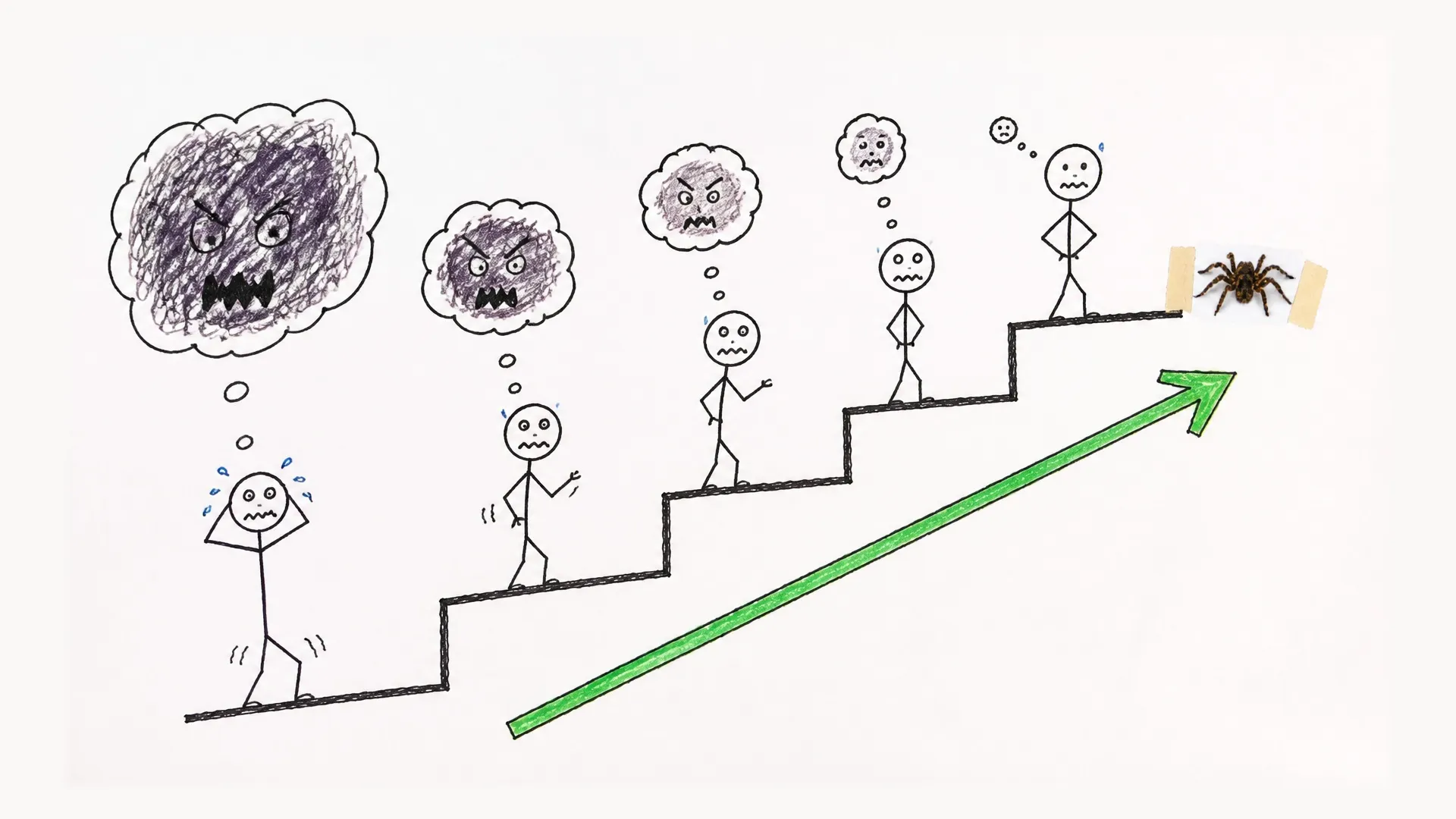 A person climbs gradual steps toward a spider while fear clouds shrink behind them