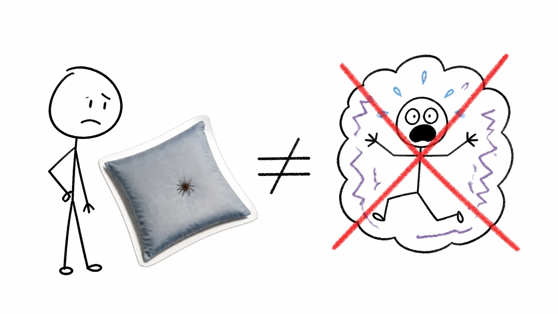 A person distinguishes a spider on a pillow from an overwhelming panic response