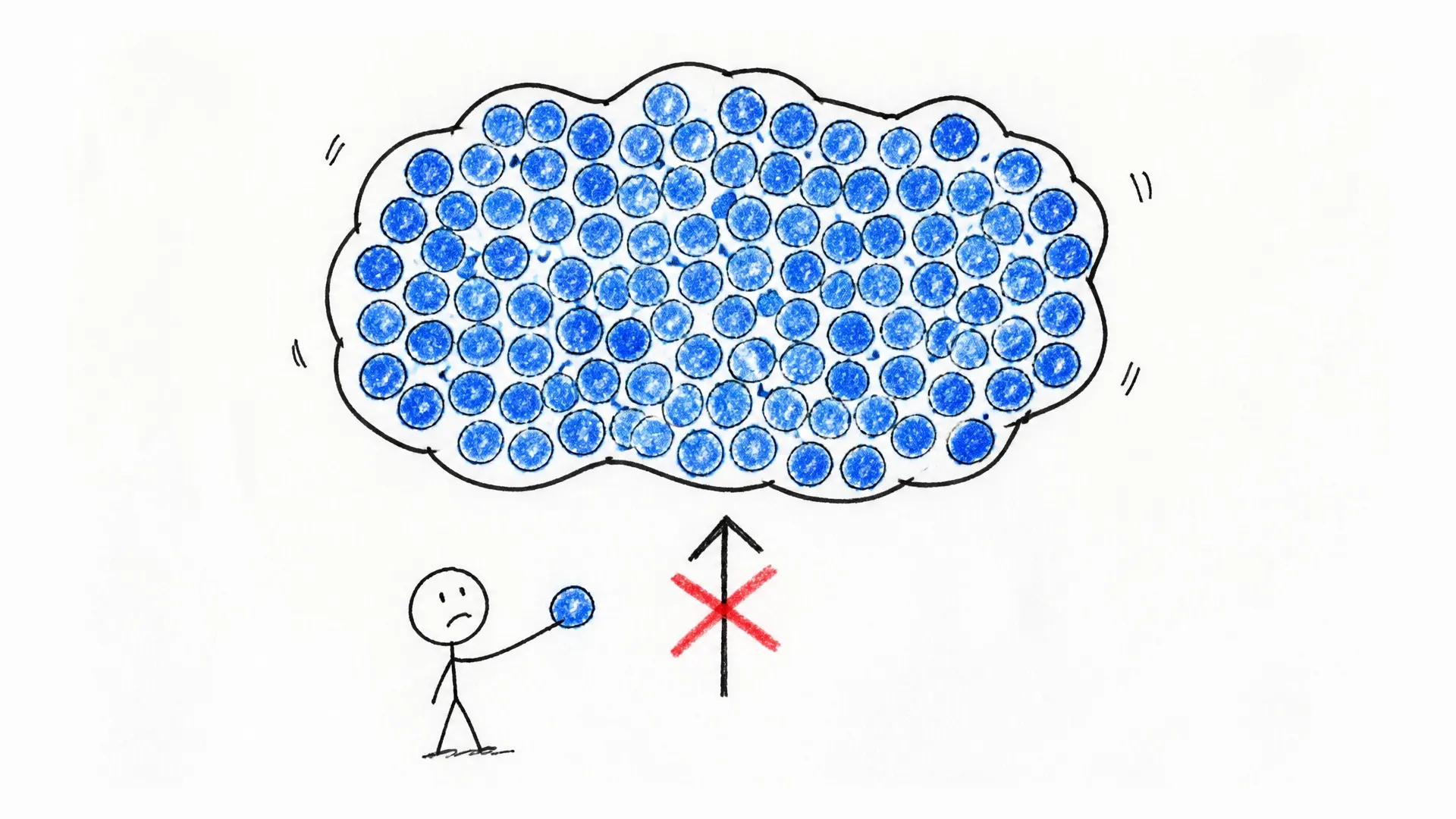 A small person tries to add one water molecule to a tightly packed crowd of blue water molecules