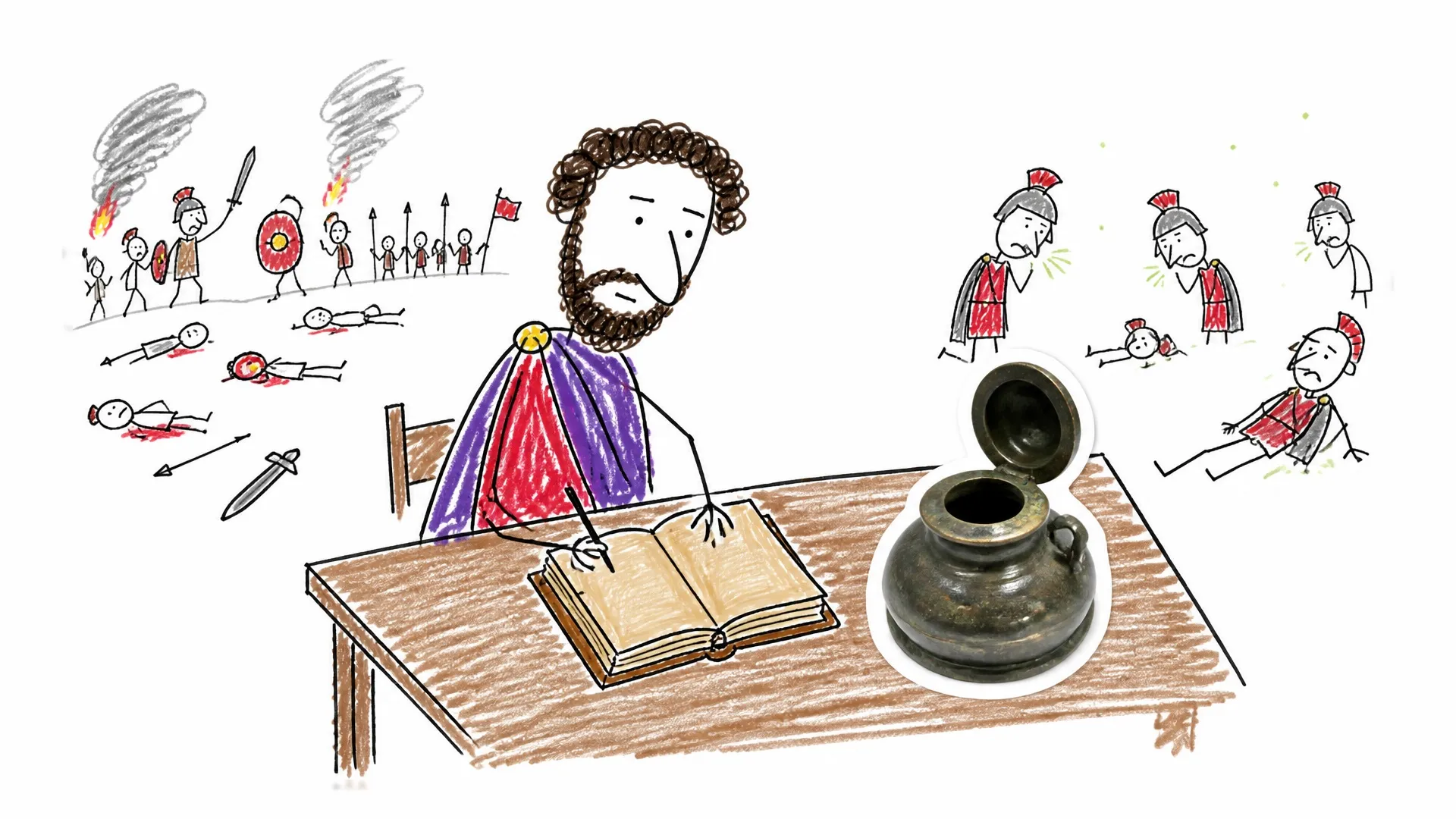 Marcus Aurelius writes at a desk while battles and sick soldiers surround him