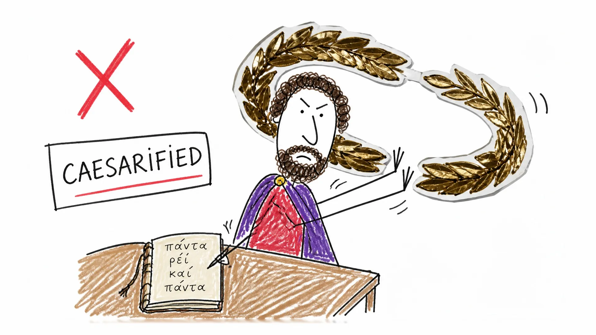 Marcus Aurelius pushes away a golden laurel beside the word Caesarified