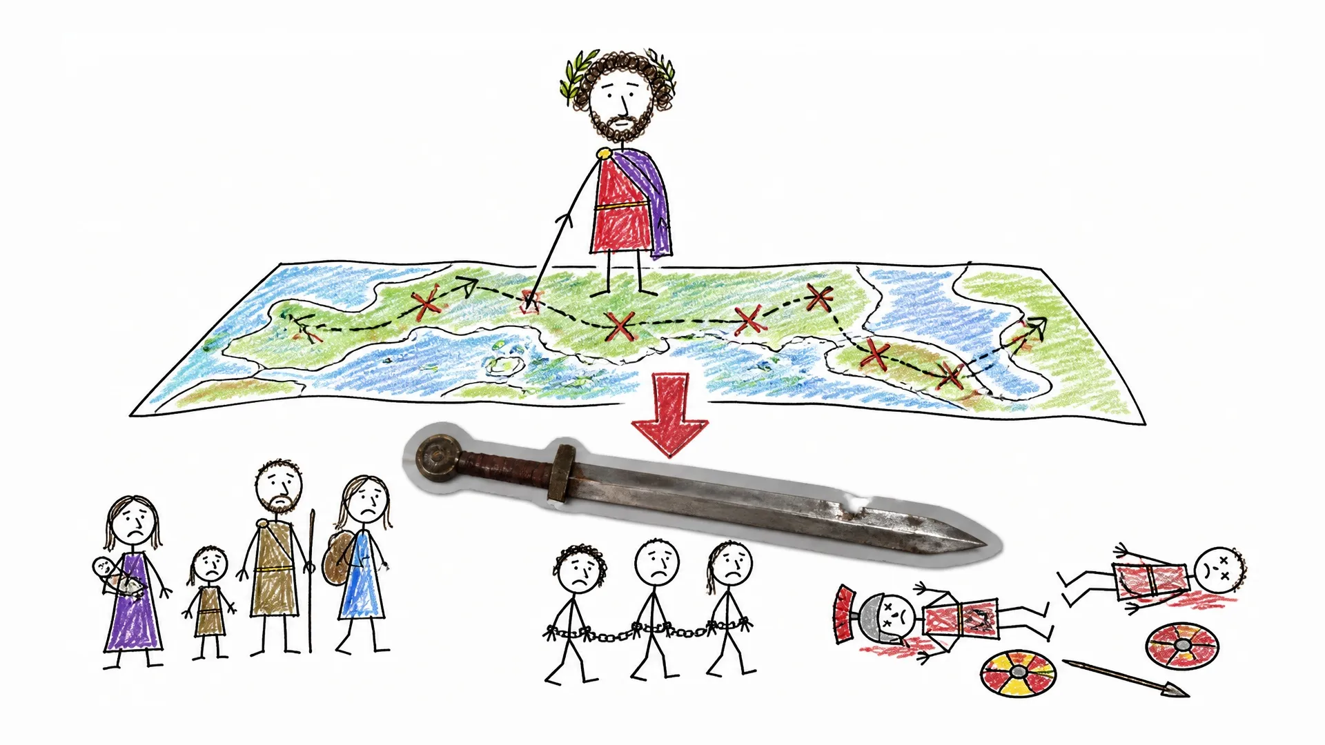 Marcus Aurelius stands over a campaign map above a sword, prisoners, and dead soldiers