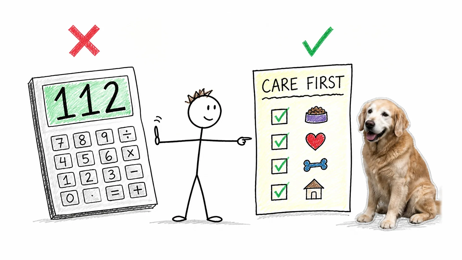 A calculator marked wrong points toward a care checklist beside an older dog