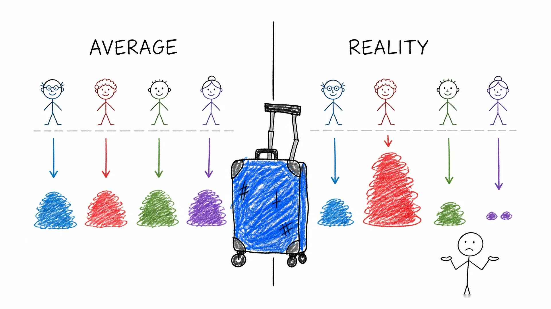 Four grandparents contribute unequal colored portions to a suitcase labeled average and reality