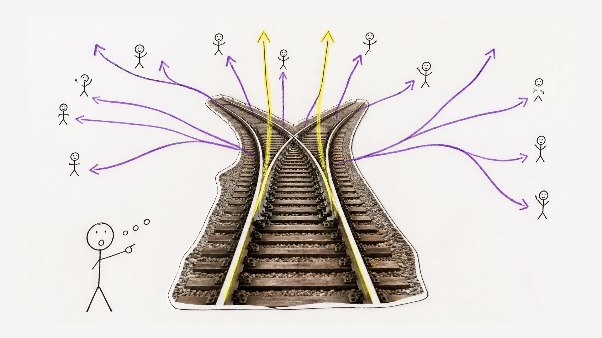 Railway tracks branch toward many descendants to illustrate narrow and broad inheritance routes