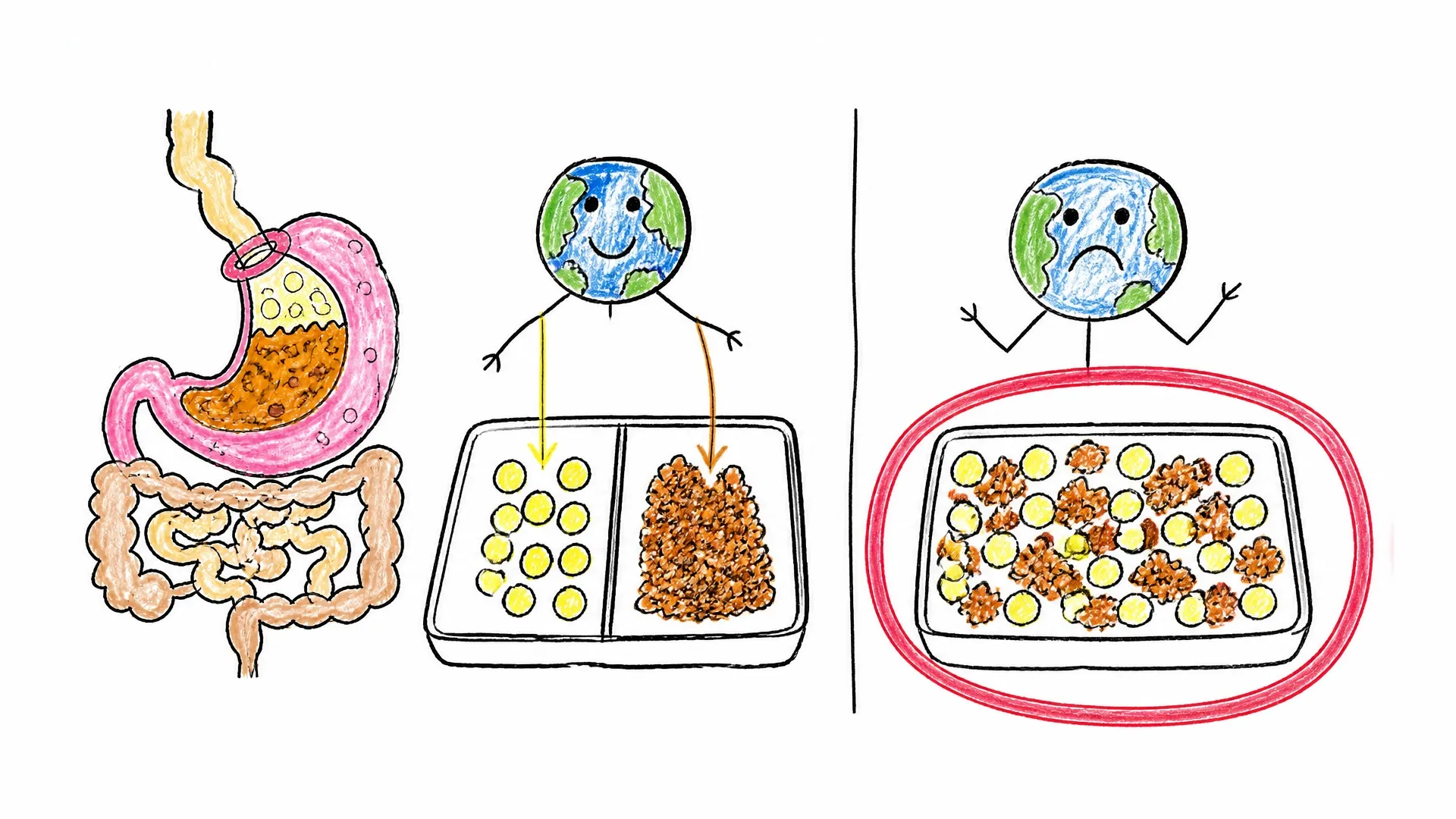 A stomach tray shows food and gas separated under Earth gravity but mixed together in microgravity