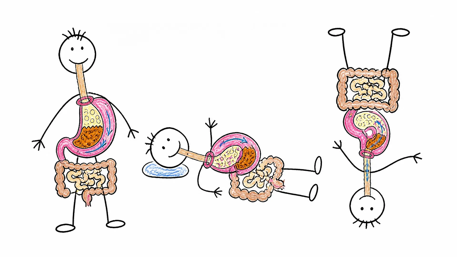 Three body positions show muscular movement carrying food through the digestive tract despite orientation