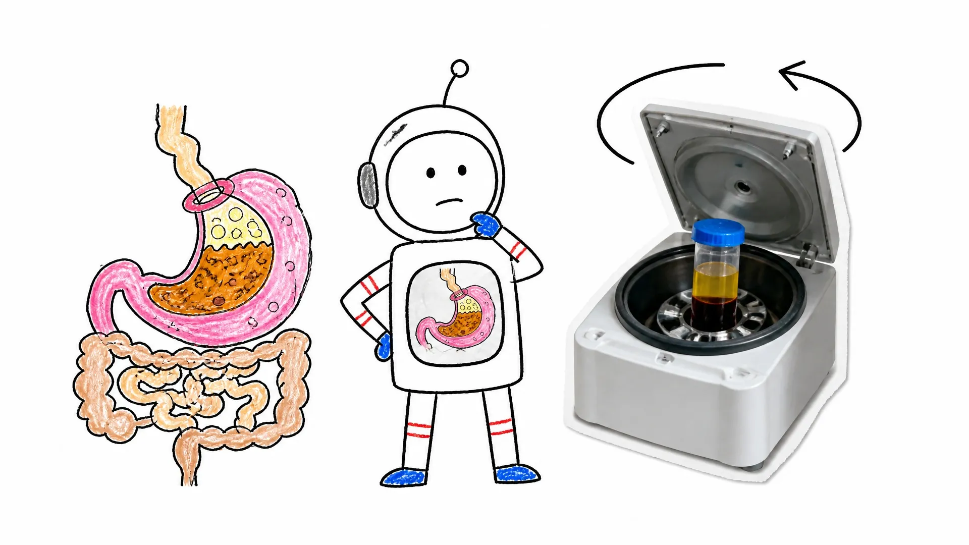 An astronaut compares a mixed stomach with a spinning laboratory tube that separates liquid layers