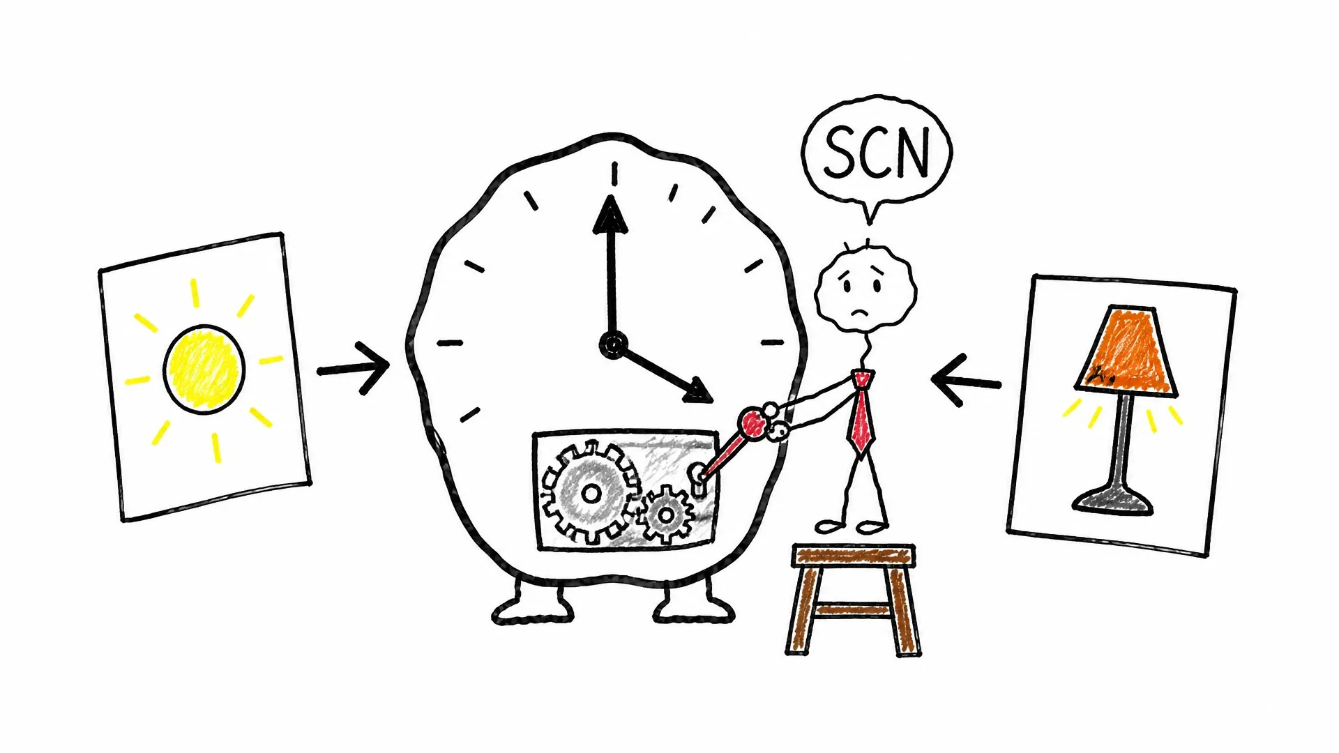 A brain clock receives separate timing signals from sunlight and an evening lamp