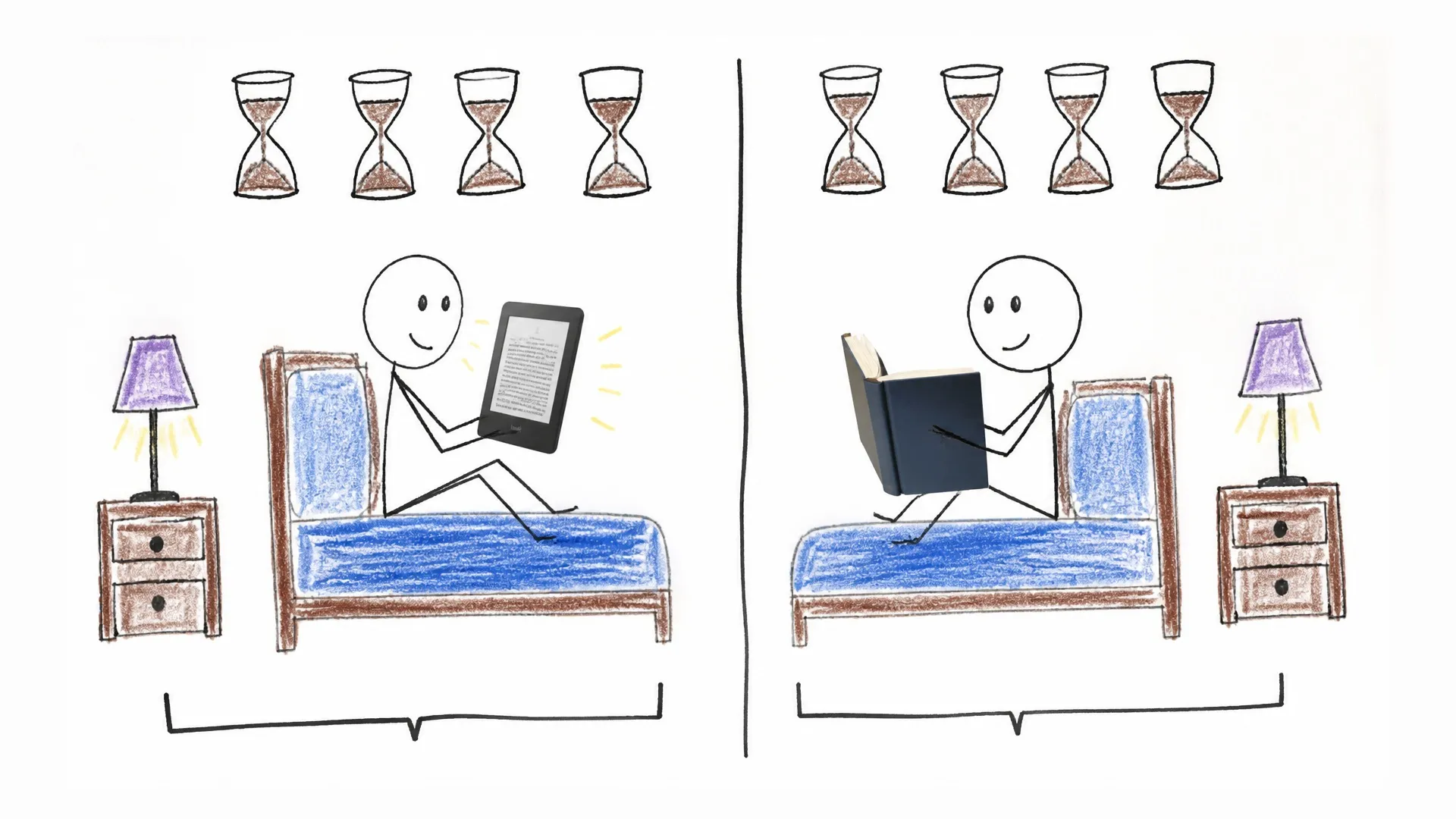Two people read before bed beside rows of hourglasses, one using a printed book and one using a glowing tablet