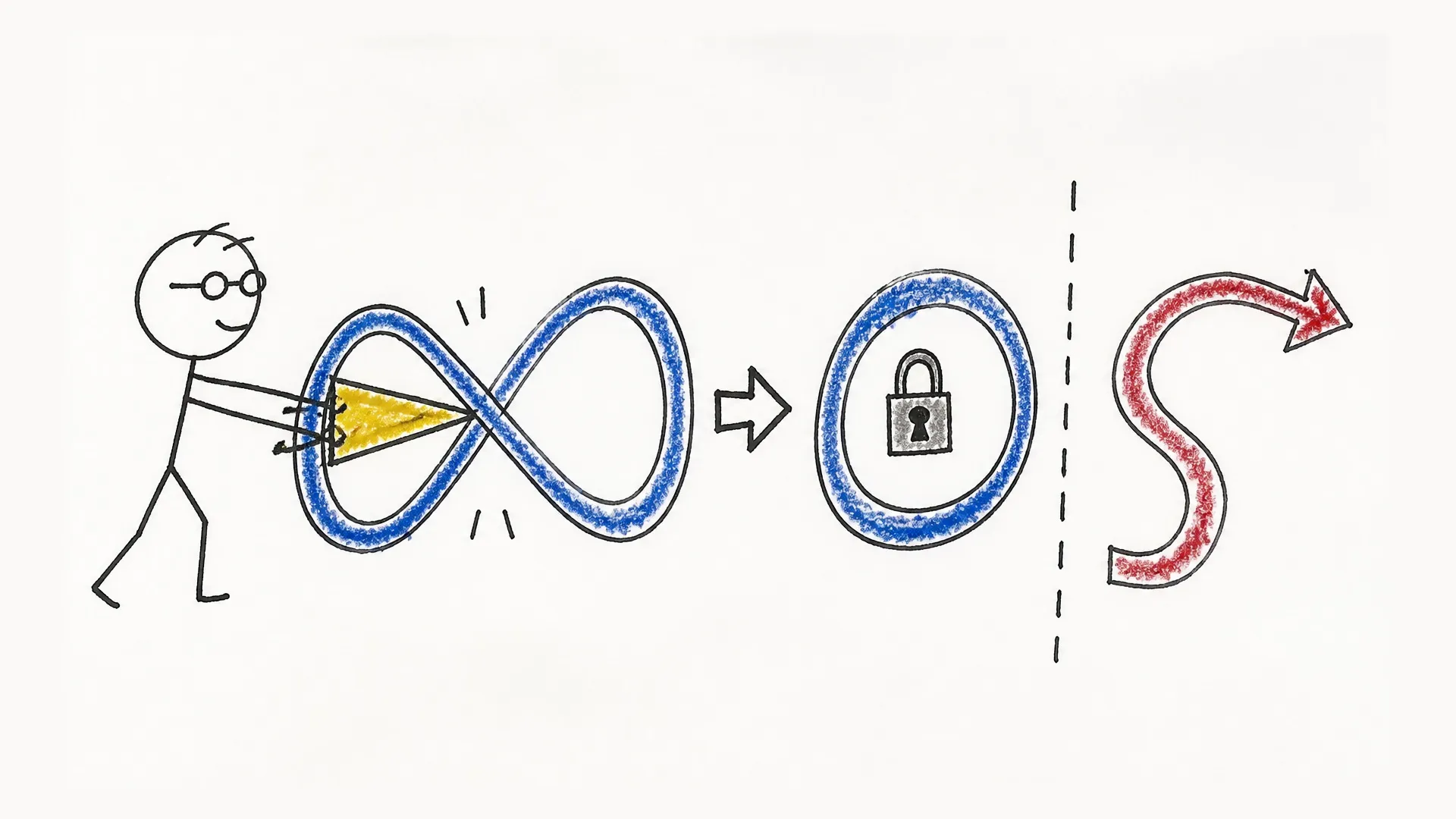 A person turns an infinity symbol into a lock while an exit arrow remains beyond a dotted line