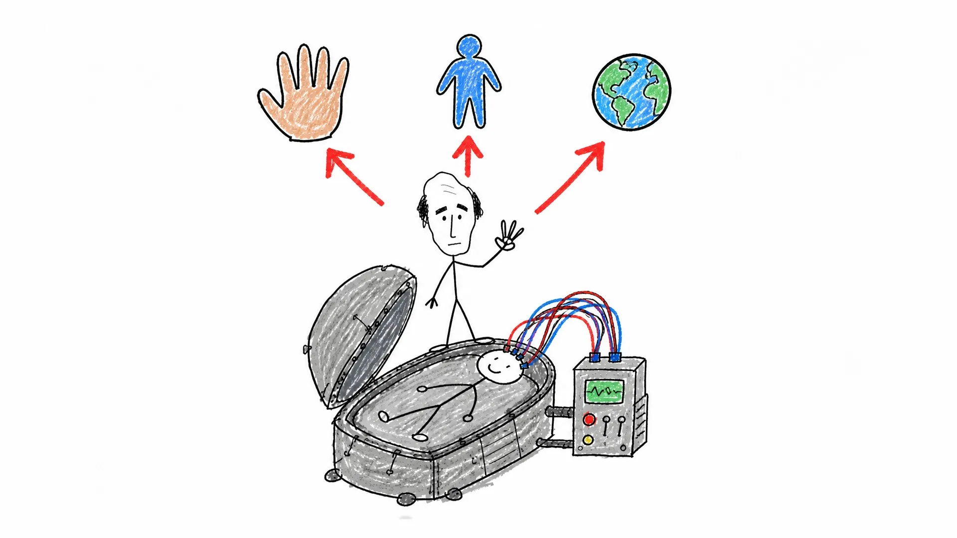 Robert Nozick points from an Experience Machine toward a hand, a person, and the real world
