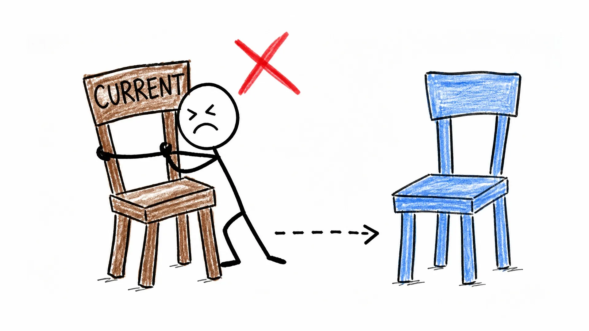 A person clings to a chair marked current instead of moving to an unfamiliar blue chair